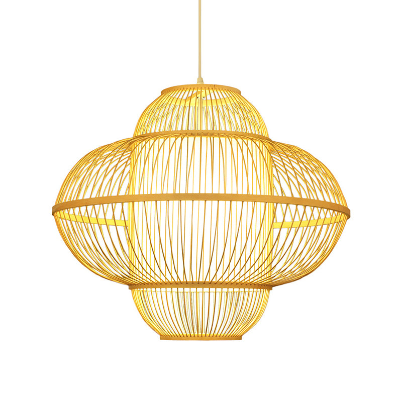 Lantern Pendant Lamp Chinese Bamboo 1 Head Beige Hanging Ceiling Light, 18"/23.5" Wide Clearhalo 'Ceiling Lights' 'Pendant Lights' 'Pendants' Lighting' 367349