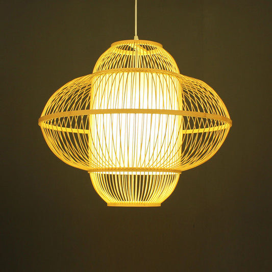 Lantern Pendant Lamp Chinese Bamboo 1 Head Beige Hanging Ceiling Light, 18"/23.5" Wide Clearhalo 'Ceiling Lights' 'Pendant Lights' 'Pendants' Lighting' 367350