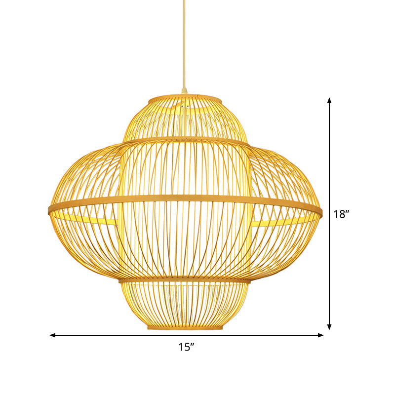 Lantern Pendant Lamp Chinese Bamboo 1 Head Beige Hanging Ceiling Light, 18"/23.5" Wide Clearhalo 'Ceiling Lights' 'Pendant Lights' 'Pendants' Lighting' 367351