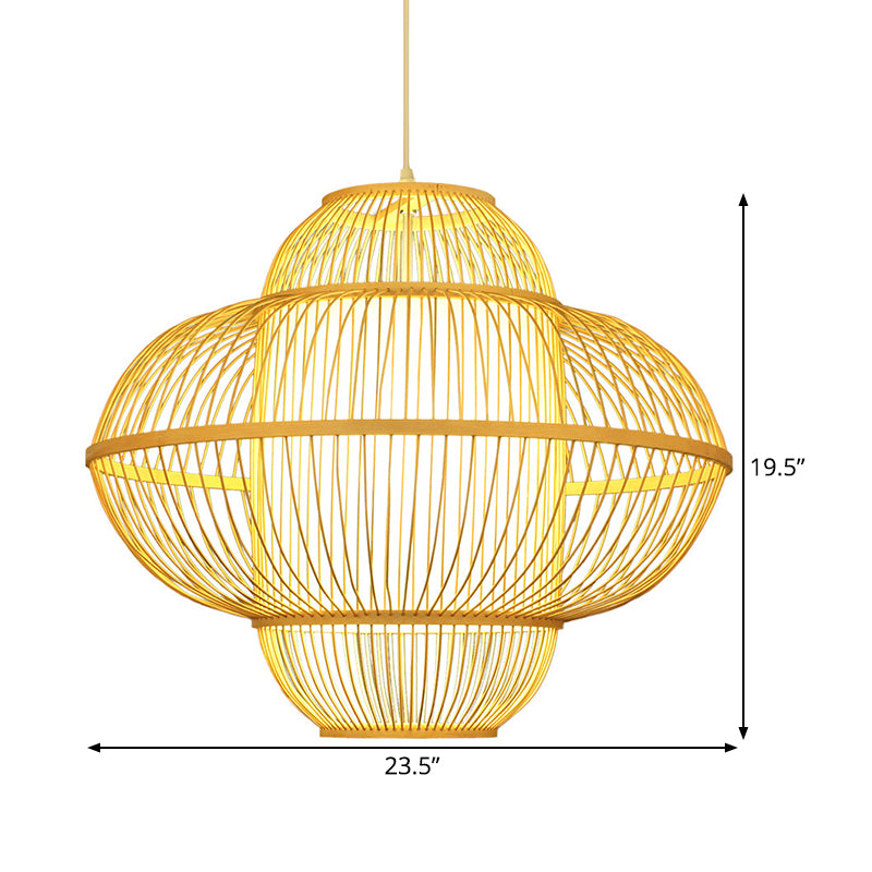 Lantern Pendant Lamp Chinese Bamboo 1 Head Beige Hanging Ceiling Light, 18"/23.5" Wide Clearhalo 'Ceiling Lights' 'Pendant Lights' 'Pendants' Lighting' 367352