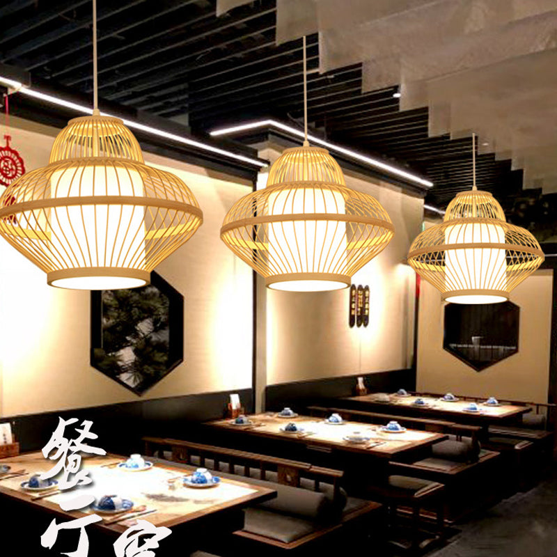 1 Head Teahouse Pendant Light Asia Wood Ceiling Suspension Lamp with Curved Bamboo Shade Clearhalo 'Ceiling Lights' 'Pendant Lights' 'Pendants' Lighting' 367353