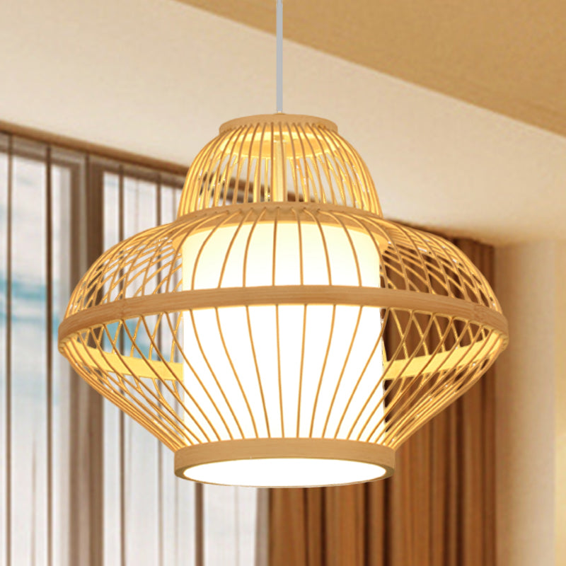1 Head Teahouse Pendant Light Asia Wood Ceiling Suspension Lamp with Curved Bamboo Shade Clearhalo 'Ceiling Lights' 'Pendant Lights' 'Pendants' Lighting' 367354