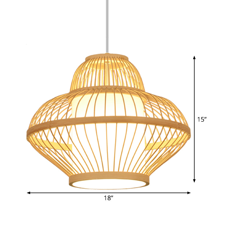 1 Head Teahouse Pendant Light Asia Wood Ceiling Suspension Lamp with Curved Bamboo Shade Clearhalo 'Ceiling Lights' 'Pendant Lights' 'Pendants' Lighting' 367357