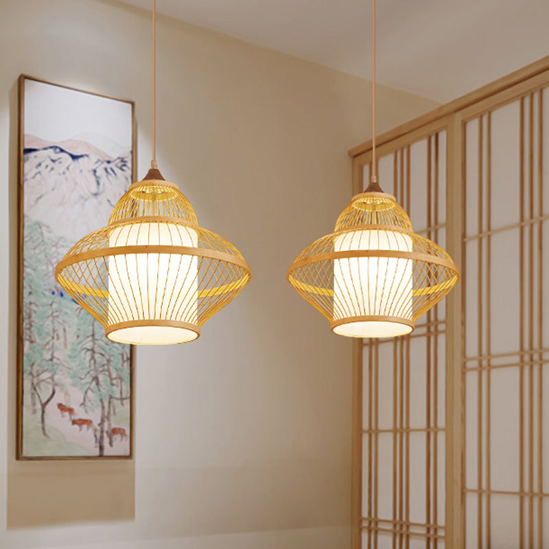 Curvy Pendant Lighting Japanese Bamboo 14"/17" Wide 1 Bulb Wood Ceiling Hanging Light Clearhalo 'Ceiling Lights' 'Pendant Lights' 'Pendants' Lighting' 367358