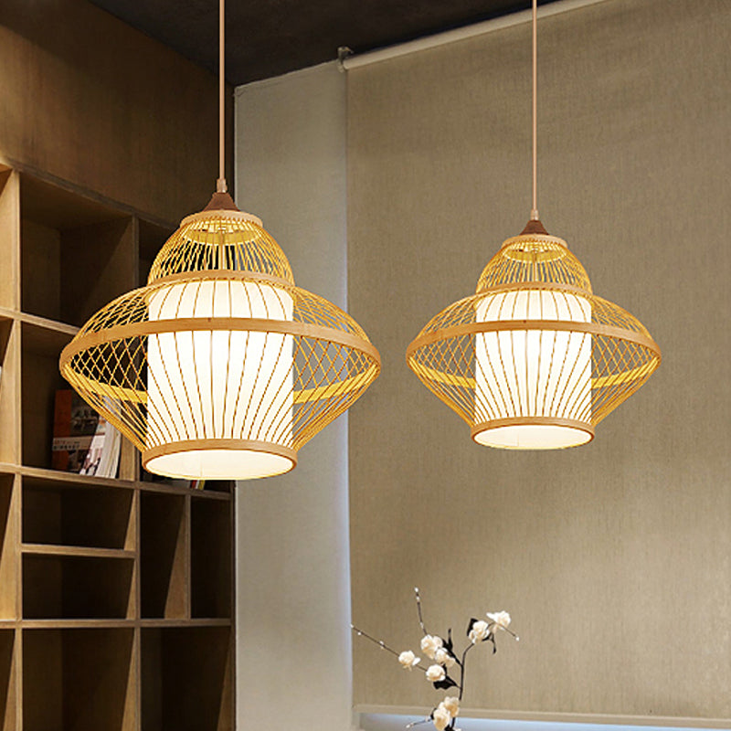 Curvy Pendant Lighting Japanese Bamboo 14"/17" Wide 1 Bulb Wood Ceiling Hanging Light Clearhalo 'Ceiling Lights' 'Pendant Lights' 'Pendants' Lighting' 367359