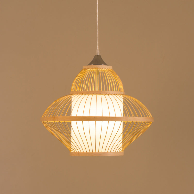 Curvy Pendant Lighting Japanese Bamboo 14"/17" Wide 1 Bulb Wood Ceiling Hanging Light Clearhalo 'Ceiling Lights' 'Pendant Lights' 'Pendants' Lighting' 367361