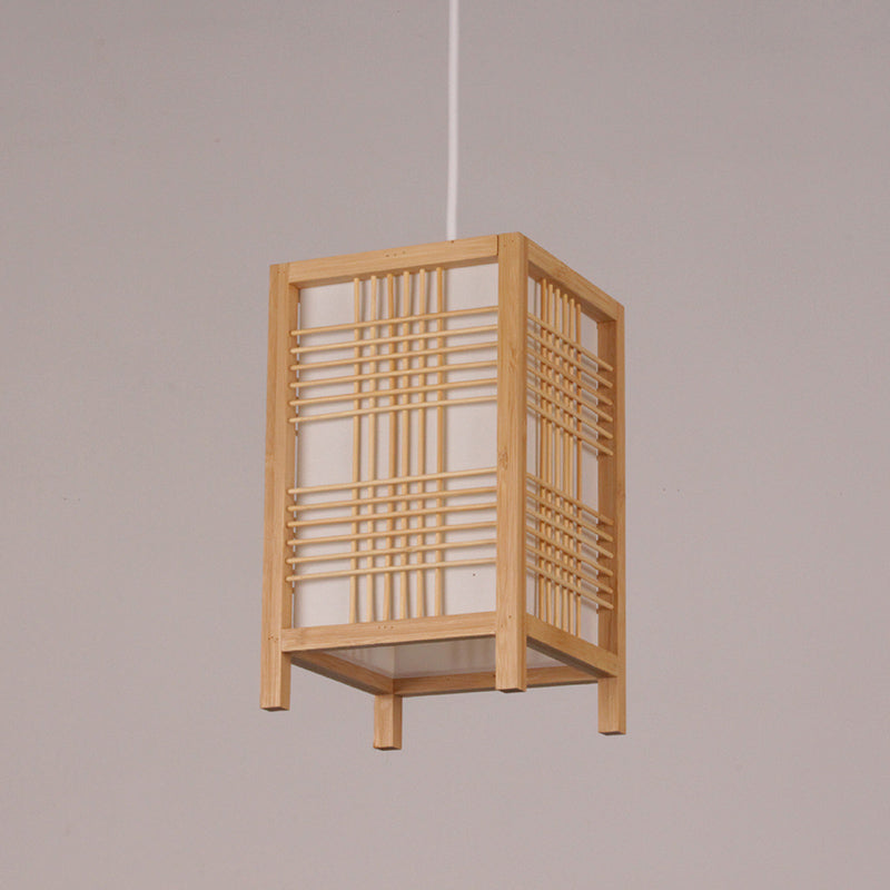 Chinese Rectangular Pendant Lighting Wood 1 Bulb Hanging Ceiling Light in Beige for Tearoom Clearhalo 'Ceiling Lights' 'Pendant Lights' 'Pendants' Lighting' 367384