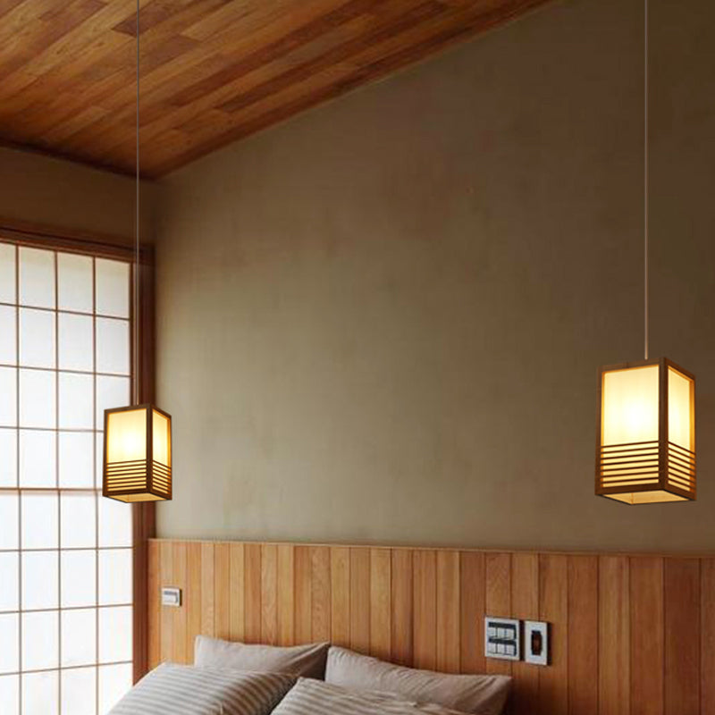 1 Head Rectangular Pendant Lighting Japanese Wood Ceiling Hanging Light in Beige Clearhalo 'Ceiling Lights' 'Pendant Lights' 'Pendants' Lighting' 367396