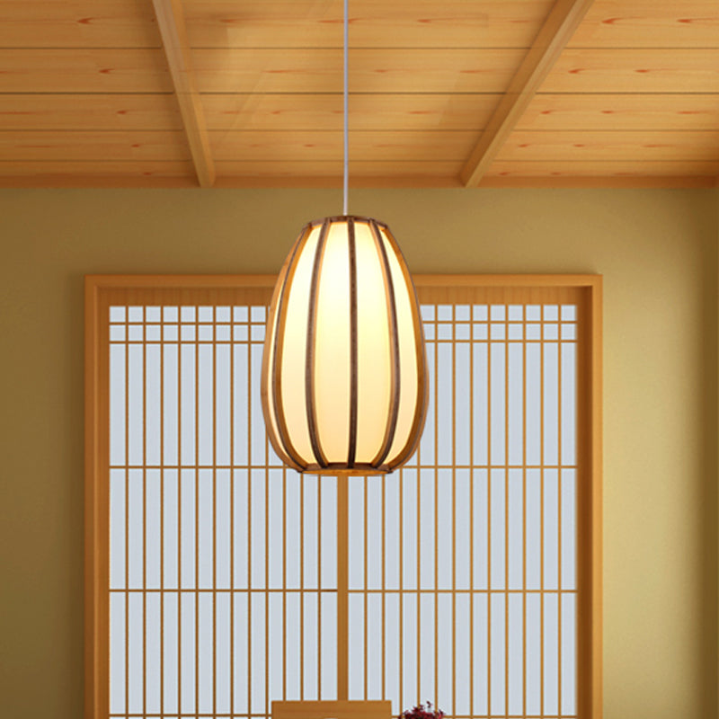 Beige Teardrop Hanging Light Asian 1 Bulb Wood Pendant Lighting Fixture for Dining Room Wood Clearhalo 'Ceiling Lights' 'Pendant Lights' 'Pendants' Lighting' 367426_36ca9004-a988-49c8-a789-9743508b18c2