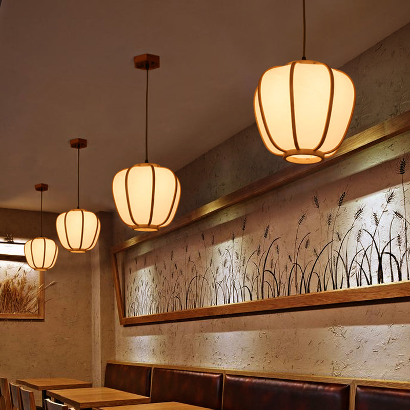 1 Head Restaurant Ceiling Lamp Asian Beige Hanging Pendant Light with Lantern Wood Shade Clearhalo 'Ceiling Lights' 'Pendant Lights' 'Pendants' Lighting' 367431