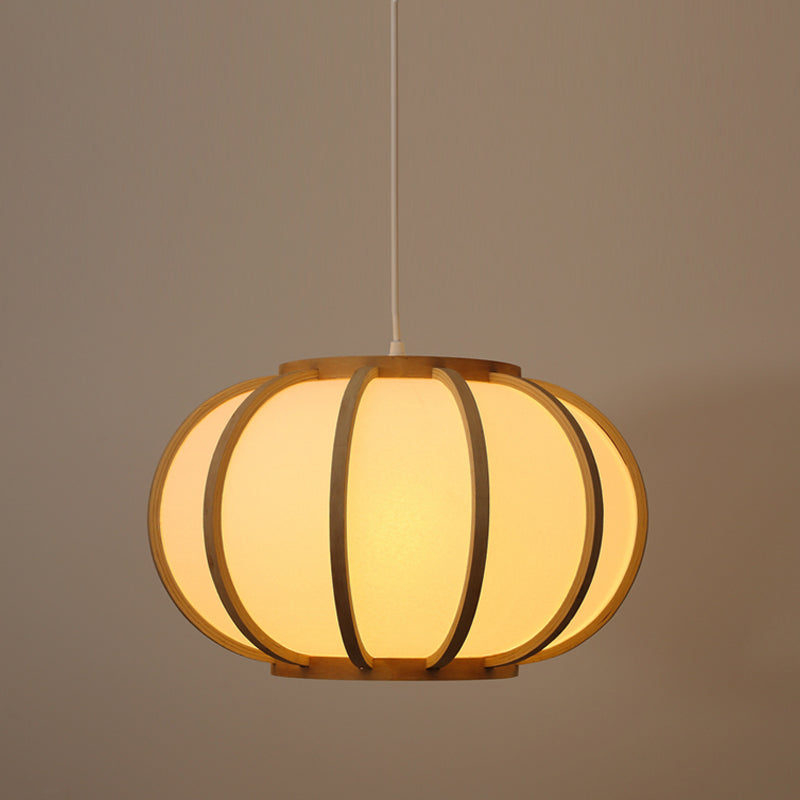 Wood Pumpkin Ceiling Light Japanese 1 Head Beige Suspended Lighting Fixture for Bedroom Clearhalo 'Ceiling Lights' 'Pendant Lights' 'Pendants' Lighting' 367439