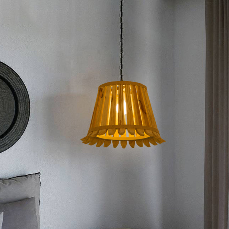 1 Bulb Trumpet Hanging Light Japanese Wood Pendant Lighting Fixture in Beige for Bedroom Clearhalo 'Ceiling Lights' 'Pendant Lights' 'Pendants' Lighting' 367446