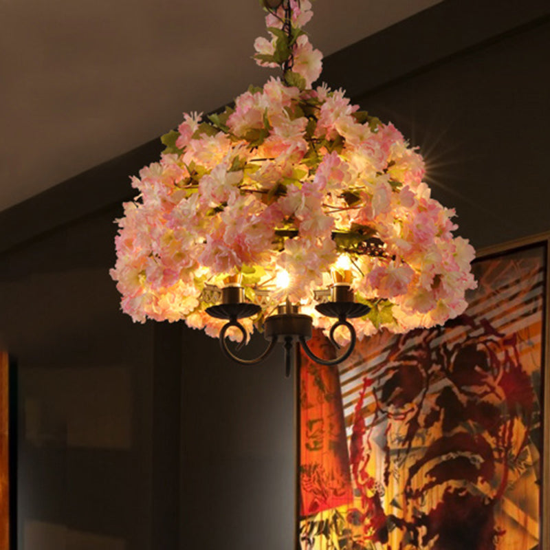 Vintage Bowl Chandelier Light Fixture 3 Heads Metal Flower Pendant Lamp in Pink for Restaurant Pink Clearhalo 'Cast Iron' 'Ceiling Lights' 'Chandeliers' 'Industrial Chandeliers' 'Industrial' 'Metal' 'Middle Century Chandeliers' 'Rustic Chandeliers' 'Tiffany' Lighting' 367526