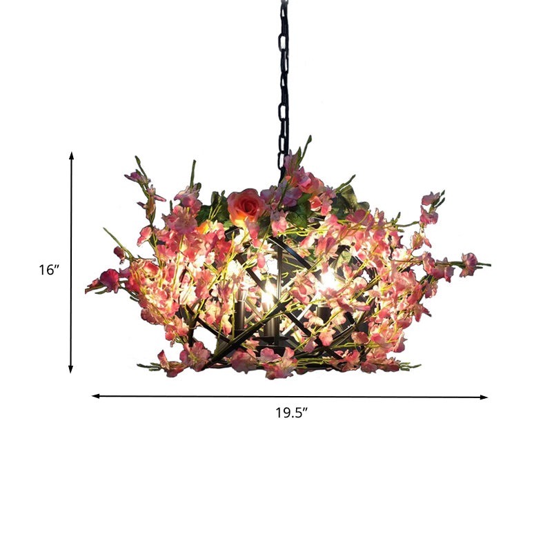 Metal Pink Flower Hanging Chandelier Candle 3 Bulbs Industrial Ceiling Light for Restaurant Clearhalo 'Cast Iron' 'Ceiling Lights' 'Chandeliers' 'Industrial Chandeliers' 'Industrial' 'Metal' 'Middle Century Chandeliers' 'Rustic Chandeliers' 'Tiffany' Lighting' 367550