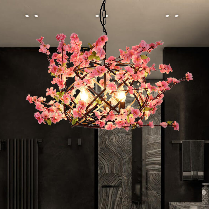 3 Lights Flower Chandelier Lighting with Bird Nest Metal Industrial Restaurant Drop Pendant in Pink Clearhalo 'Cast Iron' 'Ceiling Lights' 'Chandeliers' 'Industrial Chandeliers' 'Industrial' 'Metal' 'Middle Century Chandeliers' 'Rustic Chandeliers' 'Tiffany' Lighting' 367557