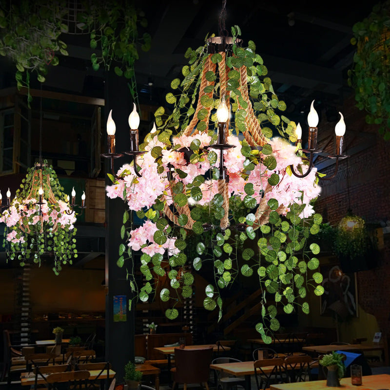 Candlestick Restaurant Chandelier Light Vintage Metal 8 Heads Pink Flower Pendant Lighting Fixture Clearhalo 'Cast Iron' 'Ceiling Lights' 'Chandeliers' 'Industrial Chandeliers' 'Industrial' 'Metal' 'Middle Century Chandeliers' 'Rustic Chandeliers' 'Tiffany' Lighting' 367562