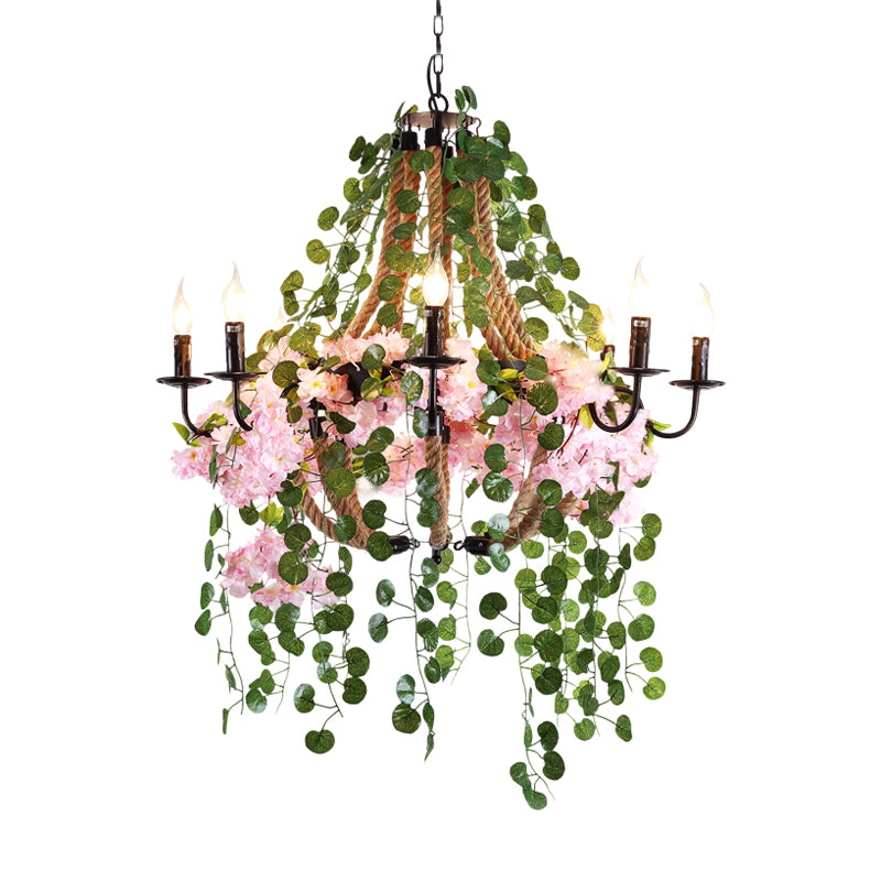 Candlestick Restaurant Chandelier Light Vintage Metal 8 Heads Pink Flower Pendant Lighting Fixture Clearhalo 'Cast Iron' 'Ceiling Lights' 'Chandeliers' 'Industrial Chandeliers' 'Industrial' 'Metal' 'Middle Century Chandeliers' 'Rustic Chandeliers' 'Tiffany' Lighting' 367563