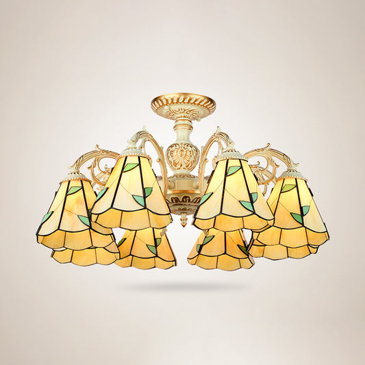 Leaf Chandelier Lamp with Curved Arm 3/5/6/8 Lights Beige Glass Rustic Living Room Hanging Light Clearhalo 'Ceiling Lights' 'Chandeliers' 'Close To Ceiling Lights' 'Close to ceiling' 'Glass shade' 'Glass' 'Semi-flushmount' 'Tiffany close to ceiling' 'Tiffany' Lighting' 36756