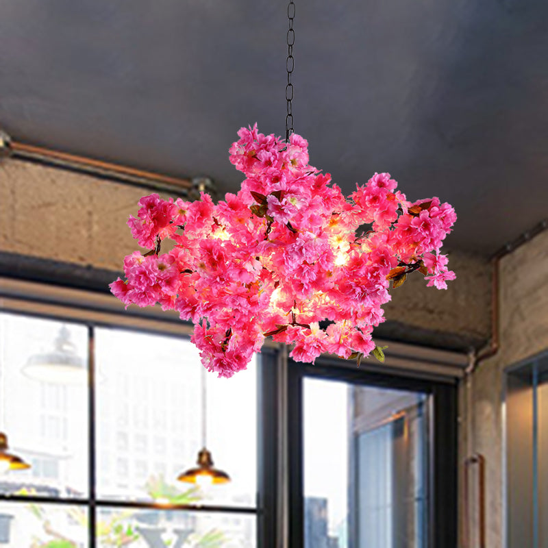 5 Lights Cherry Blossom Chandelier Industrial Pink Metal LED Pendant Light for Restaurant Pink Clearhalo 'Cast Iron' 'Ceiling Lights' 'Chandeliers' 'Industrial Chandeliers' 'Industrial' 'Metal' 'Middle Century Chandeliers' 'Rustic Chandeliers' 'Tiffany' Lighting' 367573