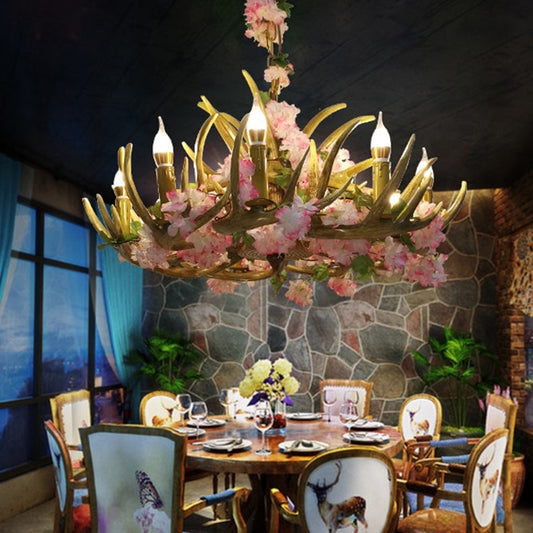 Antler Resin Chandelier Lighting Industrial 12 Lights Restaurant LED Ceiling Lamp in Pink with Cherry Blossom Pink Clearhalo 'Ceiling Lights' 'Chandeliers' 'Industrial Chandeliers' 'Industrial' 'Middle Century Chandeliers' 'Tiffany' Lighting' 367628