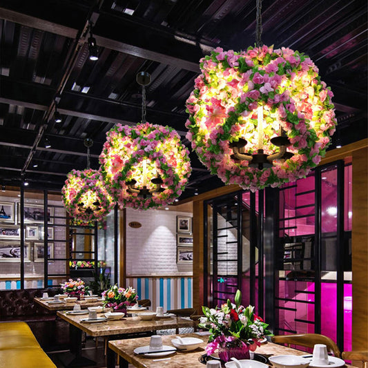 Industrial Global Chandelier Light Fixture 3 Lights Metal LED Flower Pendant Lamp in Pink for Restaurant Pink Clearhalo 'Ceiling Lights' 'Chandeliers' 'Industrial Chandeliers' 'Industrial' 'Middle Century Chandeliers' 'Tiffany' Lighting' 367643