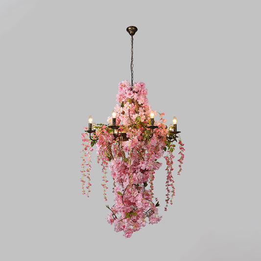 Candlestick Restaurant Chandelier Light Industrial Metal 6/8 Bulbs Pink LED Flower Hanging Lamp Clearhalo 'Cast Iron' 'Ceiling Lights' 'Chandeliers' 'Industrial Chandeliers' 'Industrial' 'Metal' 'Middle Century Chandeliers' 'Rustic Chandeliers' 'Tiffany' Lighting' 367720