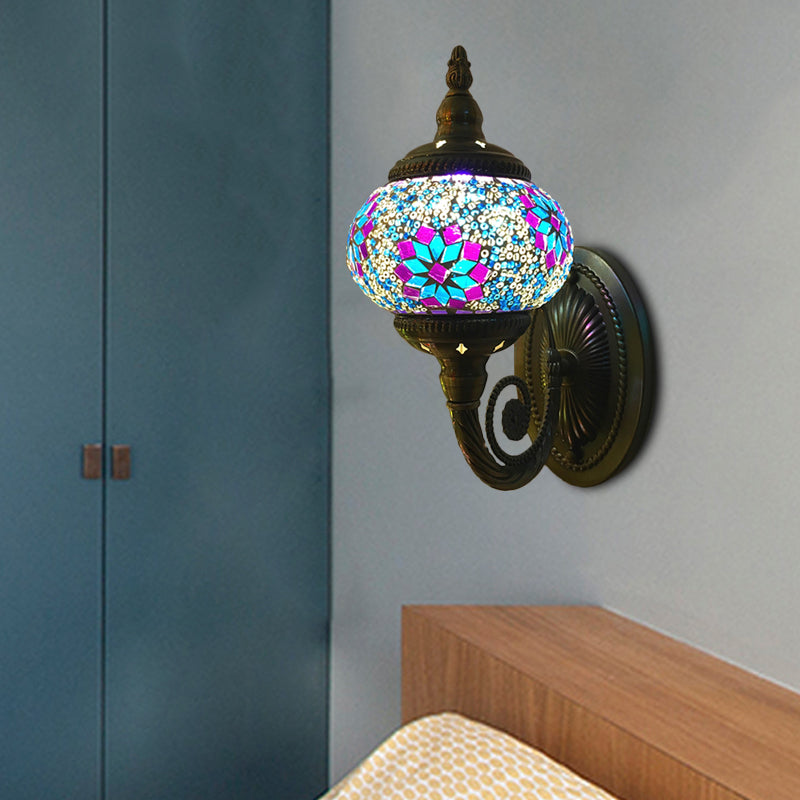 Stained Glass Orb Wall Sconce Decorative 1 Head Bedroom Wall Light Fixture in Red/Orange/Blue Purplish Blue Clearhalo 'Wall Lamps & Sconces' 'Wall Lights' Lighting' 367791