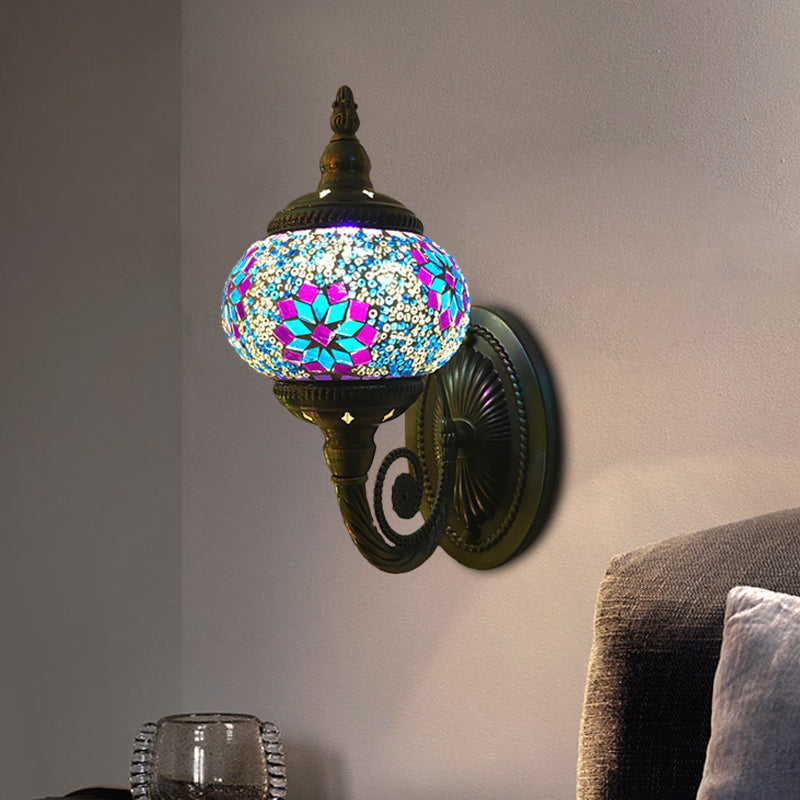 Stained Glass Orb Wall Sconce Decorative 1 Head Bedroom Wall Light Fixture in Red/Orange/Blue Clearhalo 'Wall Lamps & Sconces' 'Wall Lights' Lighting' 367792