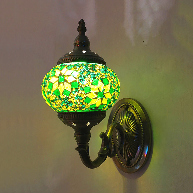 Stained Glass Orb Wall Sconce Decorative 1 Head Bedroom Wall Light Fixture in Red/Orange/Blue Green Clearhalo 'Wall Lamps & Sconces' 'Wall Lights' Lighting' 367800