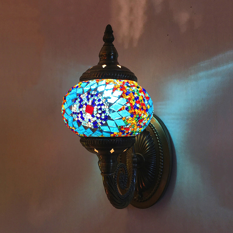 Stained Glass Orb Wall Sconce Decorative 1 Head Bedroom Wall Light Fixture in Red/Orange/Blue Blue Clearhalo 'Wall Lamps & Sconces' 'Wall Lights' Lighting' 367802