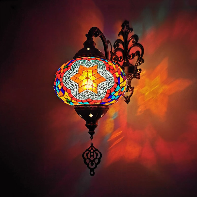 1 Bulb Stained Glass Wall Light Moroccan Yellow/Orange/Green Sphere Living Room Wall Mount Lighting Orange Clearhalo 'Wall Lamps & Sconces' 'Wall Lights' Lighting' 367809