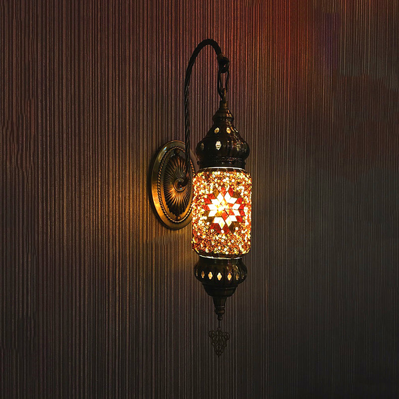 Stained Glass Cylinder Sconce Light Moroccan 1 Head Bedroom Wall Mount Lighting in Purple/Gold/Rose Red Clearhalo 'Wall Lamps & Sconces' 'Wall Lights' Lighting' 367839