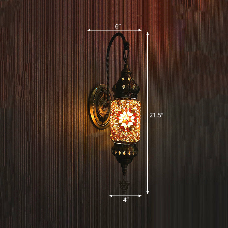 Stained Glass Cylinder Sconce Light Moroccan 1 Head Bedroom Wall Mount Lighting in Purple/Gold/Rose Red Clearhalo 'Wall Lamps & Sconces' 'Wall Lights' Lighting' 367840