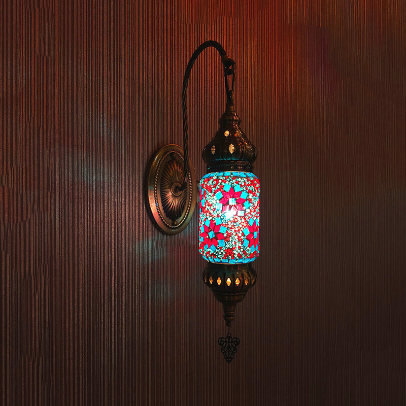 Stained Glass Cylinder Sconce Light Moroccan 1 Head Bedroom Wall Mount Lighting in Purple/Gold/Rose Red Rose Red Clearhalo 'Wall Lamps & Sconces' 'Wall Lights' Lighting' 367841