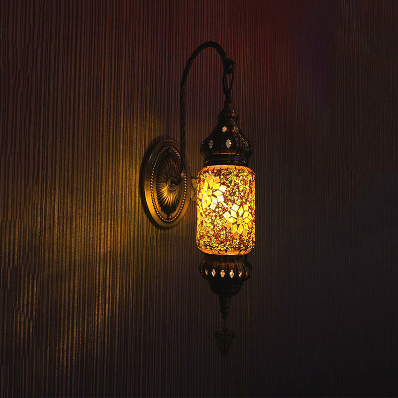 Stained Glass Cylinder Sconce Light Moroccan 1 Head Bedroom Wall Mount Lighting in Purple/Gold/Rose Red Gold Clearhalo 'Wall Lamps & Sconces' 'Wall Lights' Lighting' 367843