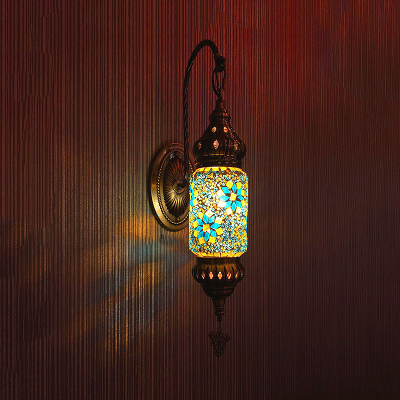 Stained Glass Cylinder Sconce Light Moroccan 1 Head Bedroom Wall Mount Lighting in Purple/Gold/Rose Red Clearhalo 'Wall Lamps & Sconces' 'Wall Lights' Lighting' 367845