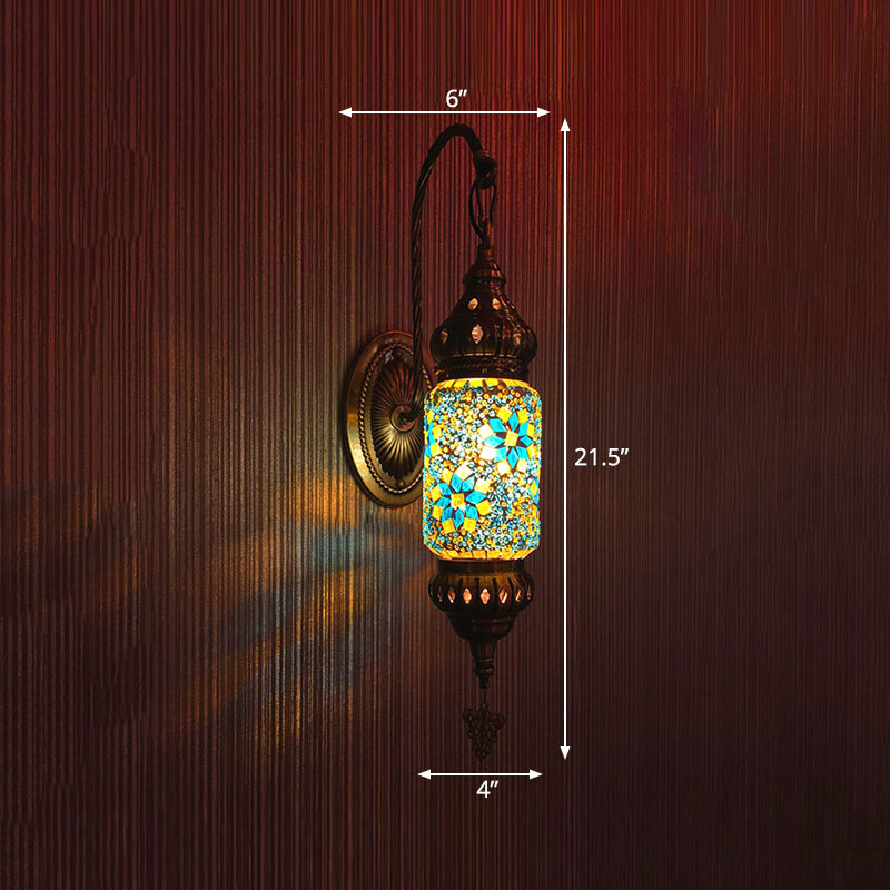 Stained Glass Cylinder Sconce Light Moroccan 1 Head Bedroom Wall Mount Lighting in Purple/Gold/Rose Red Clearhalo 'Wall Lamps & Sconces' 'Wall Lights' Lighting' 367846