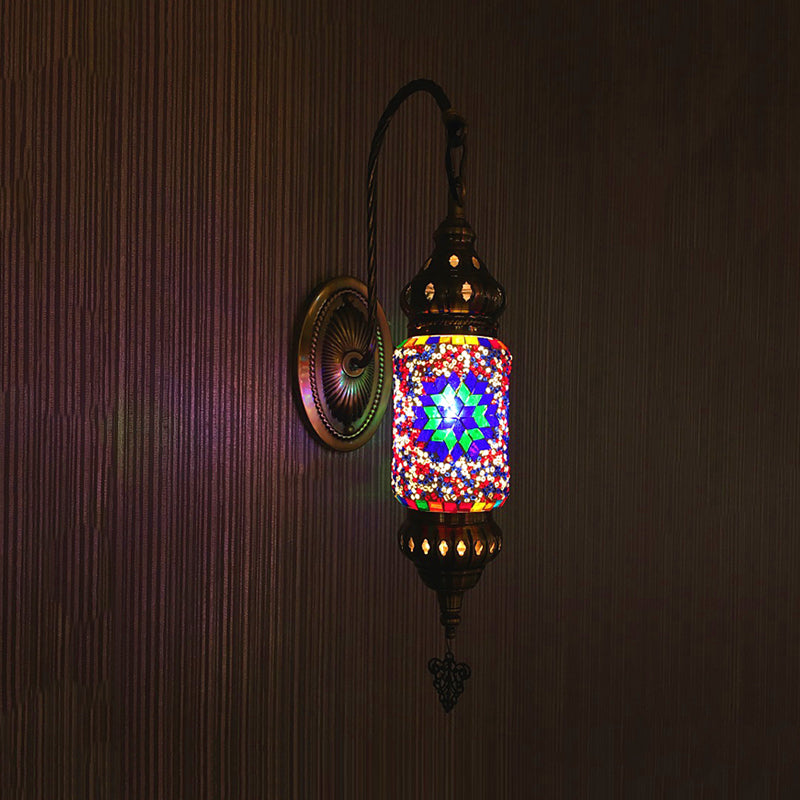 Stained Glass Cylinder Sconce Light Moroccan 1 Head Bedroom Wall Mount Lighting in Purple/Gold/Rose Red Purple Clearhalo 'Wall Lamps & Sconces' 'Wall Lights' Lighting' 367847