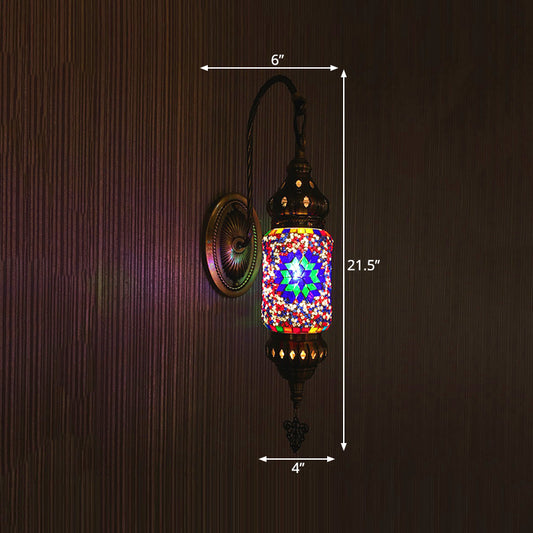 Stained Glass Cylinder Sconce Light Moroccan 1 Head Bedroom Wall Mount Lighting in Purple/Gold/Rose Red Clearhalo 'Wall Lamps & Sconces' 'Wall Lights' Lighting' 367848