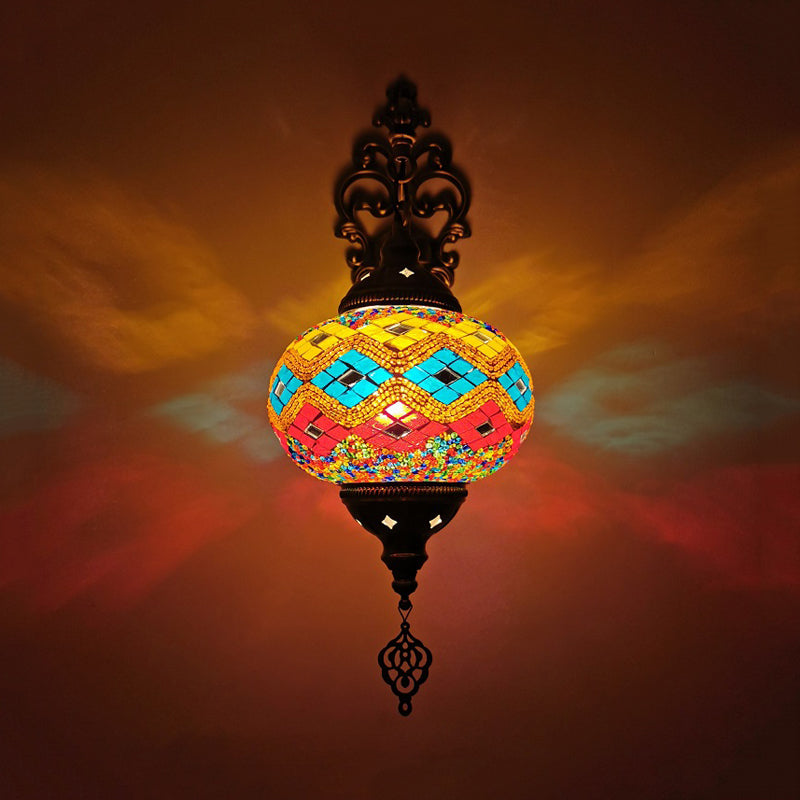 Globe Indoor Wall Lamp Vintage Stained Art Glass 1 Light White/Red/Orange Wall Sconce Lighting Orange Clearhalo 'Wall Lamps & Sconces' 'Wall Lights' Lighting' 367853