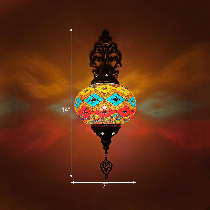 Globe Indoor Wall Lamp Vintage Stained Art Glass 1 Light White/Red/Orange Wall Sconce Lighting Clearhalo 'Wall Lamps & Sconces' 'Wall Lights' Lighting' 367854