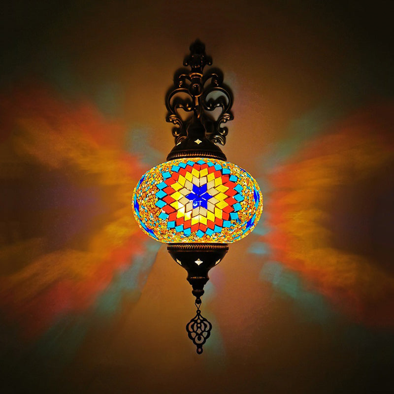 Globe Indoor Wall Lamp Vintage Stained Art Glass 1 Light White/Red/Orange Wall Sconce Lighting Blue-Yellow Clearhalo 'Wall Lamps & Sconces' 'Wall Lights' Lighting' 367863