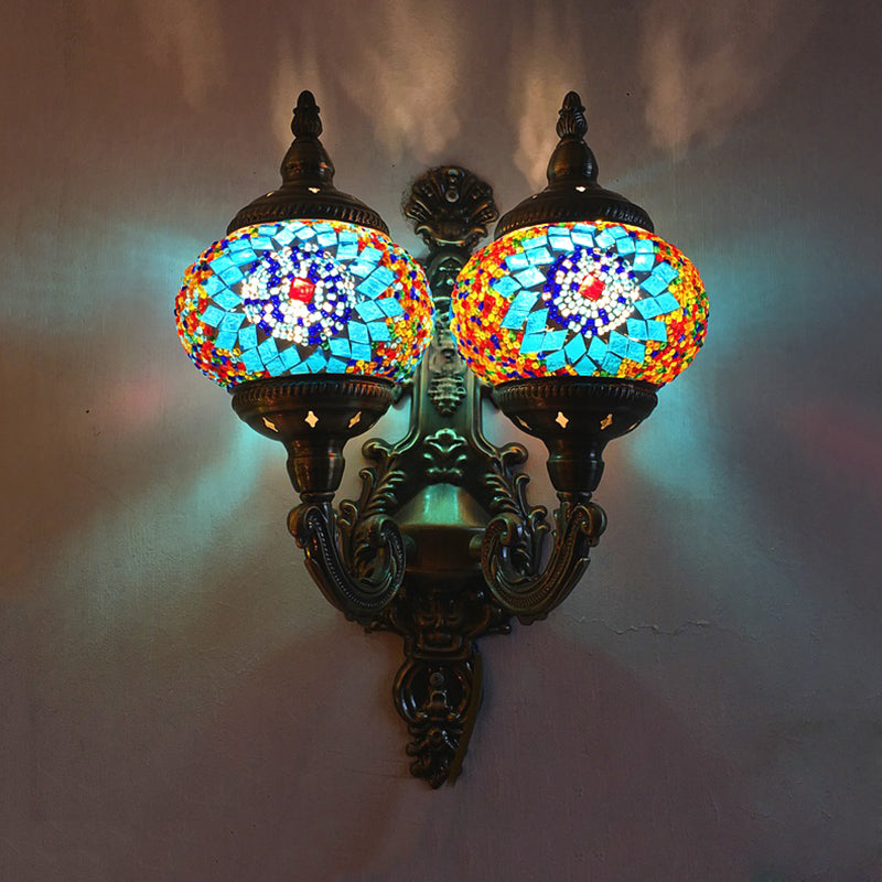 Traditional Ball Wall Mount Light 2 Heads Stained Glass Wall Sconce Lighting in White/Yellow/Sky Blue Sky Blue Clearhalo 'Wall Lamps & Sconces' 'Wall Lights' Lighting' 367872