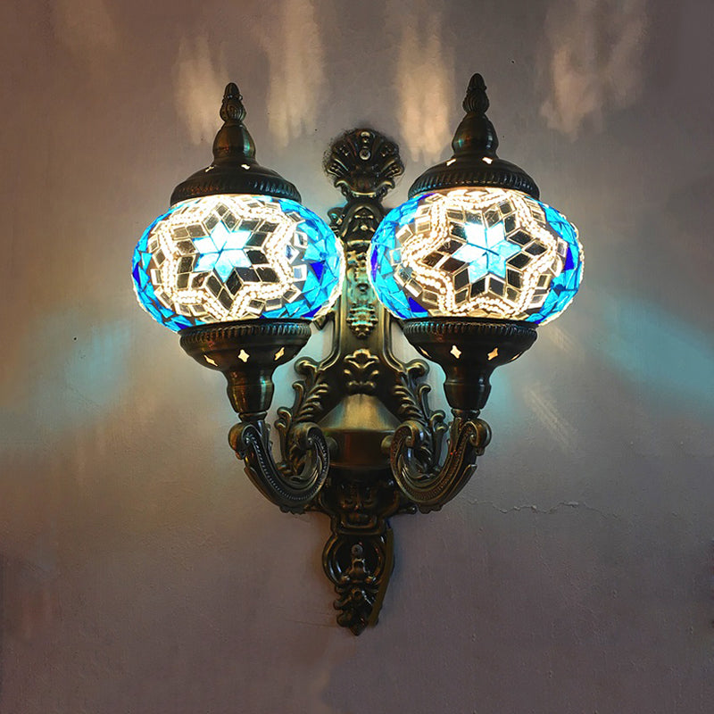 Traditional Ball Wall Mount Light 2 Heads Stained Glass Wall Sconce Lighting in White/Yellow/Sky Blue Lake Blue Clearhalo 'Wall Lamps & Sconces' 'Wall Lights' Lighting' 367874