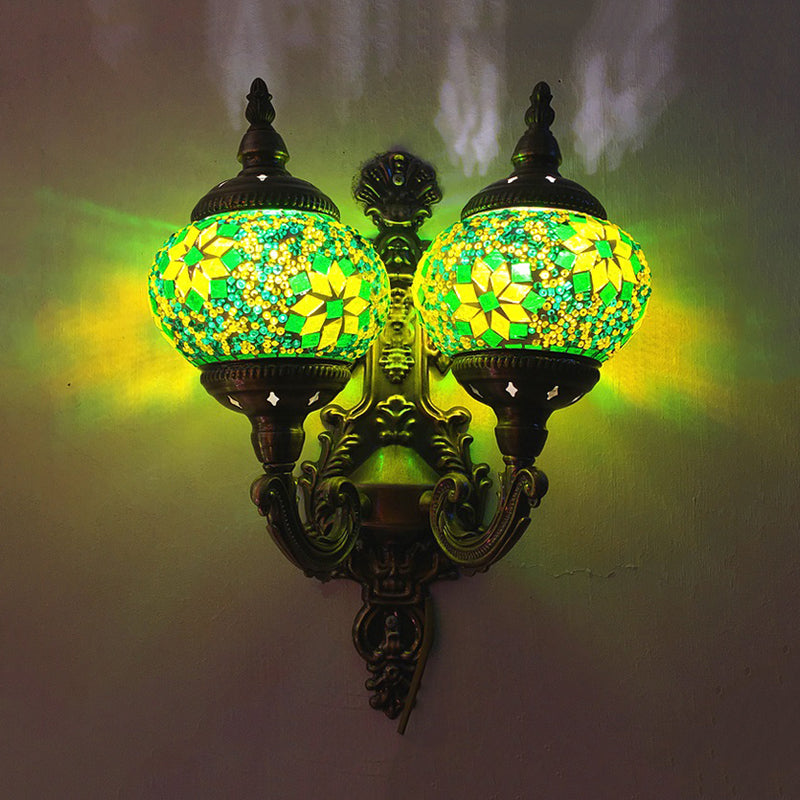 Traditional Ball Wall Mount Light 2 Heads Stained Glass Wall Sconce Lighting in White/Yellow/Sky Blue Green Clearhalo 'Wall Lamps & Sconces' 'Wall Lights' Lighting' 367876