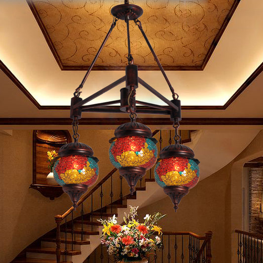 3 Bulbs Ball Chandelier Pendant Lighting Traditional Red-Yellow-Blue Glass Hanging Lamp Kit for Living Room Clearhalo 'Ceiling Lights' 'Chandeliers' Lighting' options 367902