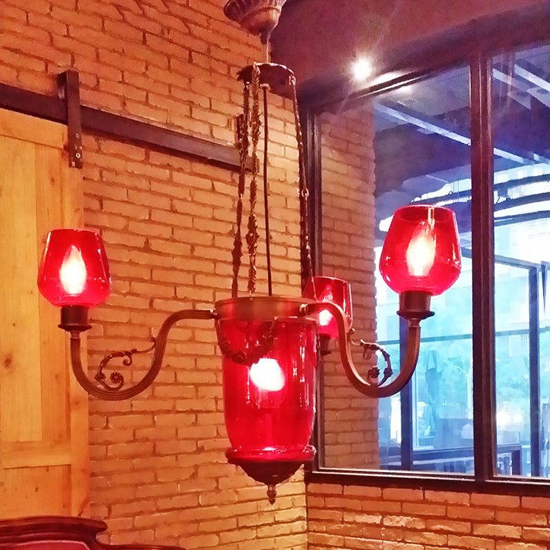 Red Glass Black Ceiling Chandelier Cup Shaped 4 Heads Art Deco Suspension Pendant Light Red Clearhalo 'Ceiling Lights' 'Chandeliers' Lighting' options 367906_6b952320-147e-4c81-b43c-2f1bbd022169