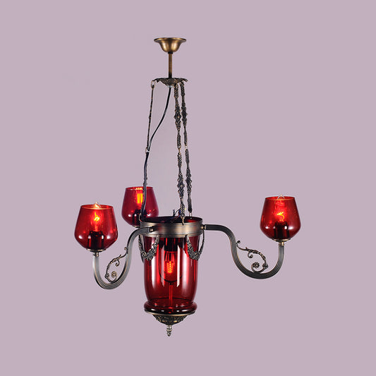 Red Glass Black Ceiling Chandelier Cup Shaped 4 Heads Art Deco Suspension Pendant Light Clearhalo 'Ceiling Lights' 'Chandeliers' Lighting' options 367909