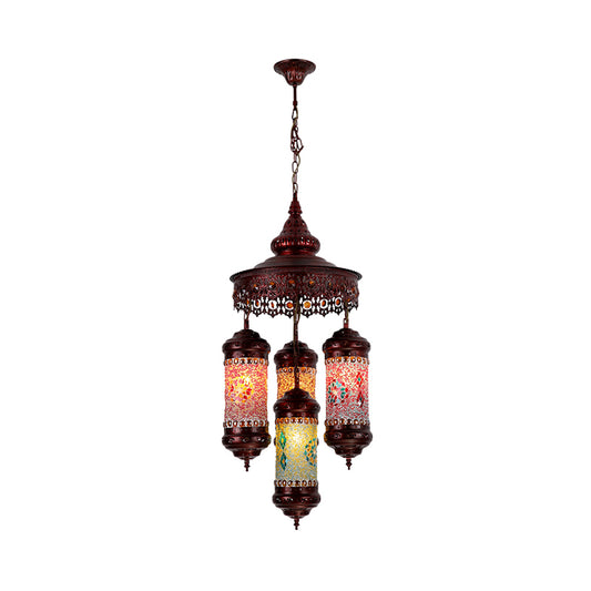 Copper Cylinder Chandelier Lighting Art Deco Stained Glass 4 Lights Bar Hanging Pendant Lamp Clearhalo 'Ceiling Lights' 'Chandeliers' Lighting' options 367913