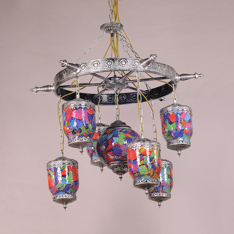 7 Bulbs Purple Glass Chandelier Pendant Art Deco Bronze Gyroscope Restaurant Hanging Lamp with Rudder Accent Clearhalo 'Ceiling Lights' 'Chandeliers' Lighting' options 367925